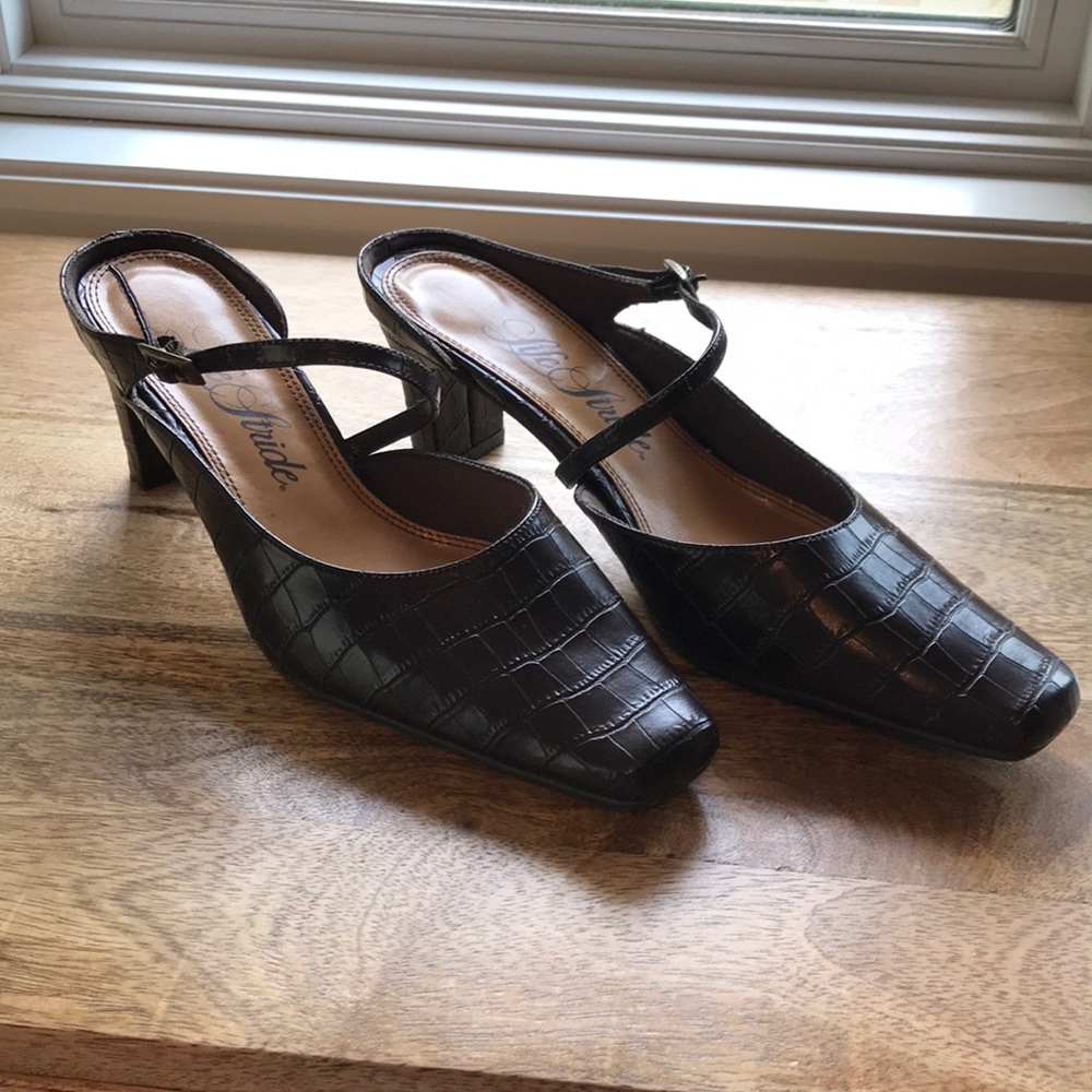 Brown faux crocodile print heels